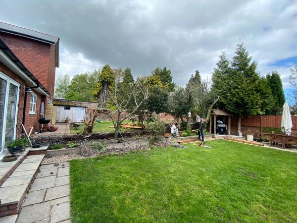Work in progress along the border, with the boundary open and timbers laid out