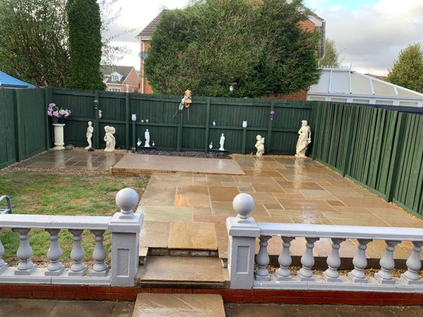 View from the house terrace, with new steps down through the white balustrade