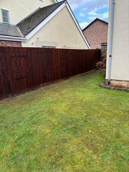The same side lawn later, with a stained close-board fence along the boundary