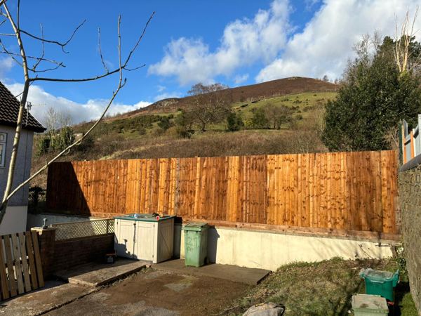 The upper level of the garden, with a feather-edge fence and the mountain behind