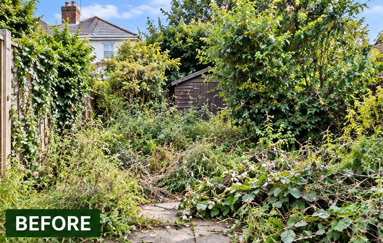 Overgrown garden before clearance