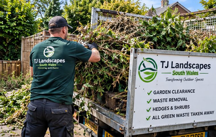 Loading garden waste beside the T J Landscapes van
