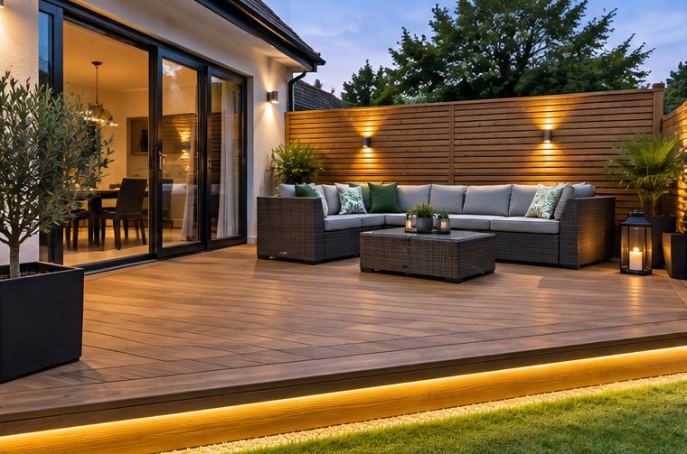 Composite deck lit at night outside bi-fold doors