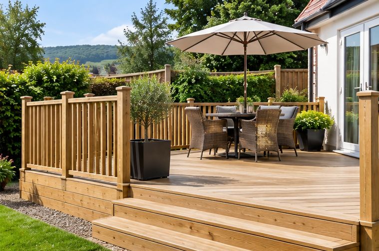 Raised timber deck with balustrade and steps
