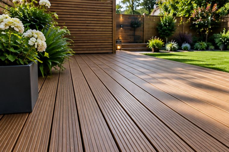 Close-up of new timber deck boards