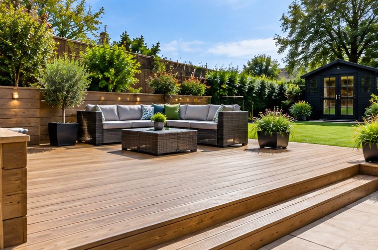 Wide deck with outdoor seating and lawn beyond