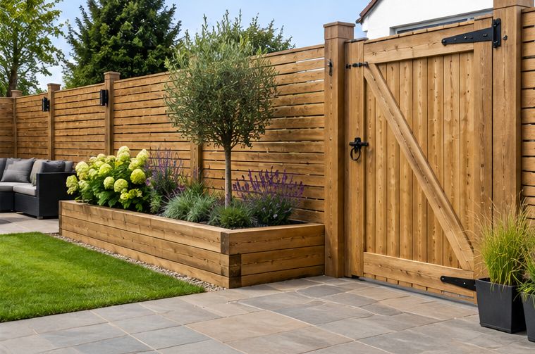Timber gate and fencing beside a raised bed
