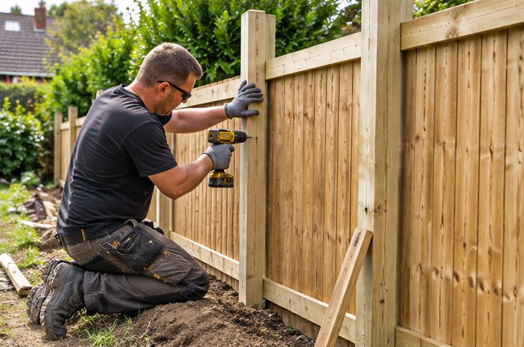 T J Landscapes fitter fixing a fence panel