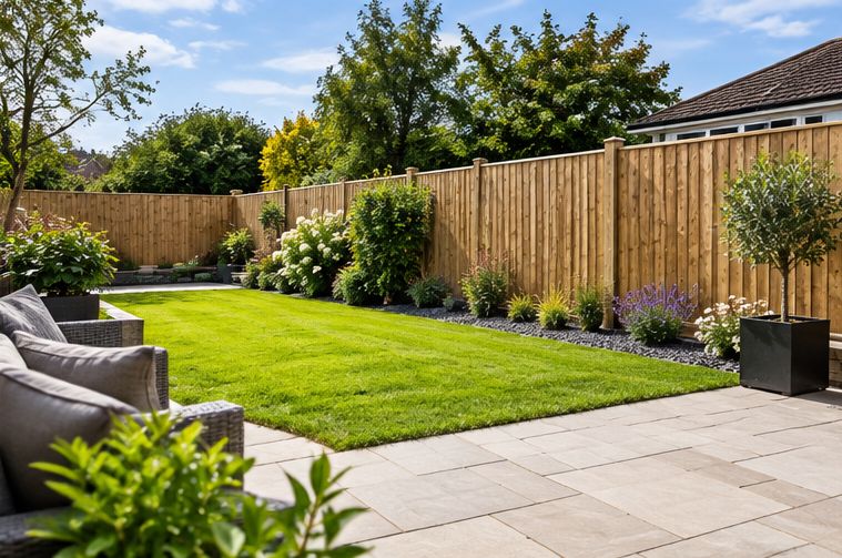 New fencing around a lawn and patio