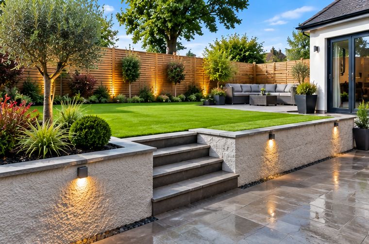Landscaped garden with lit steps and a porcelain patio