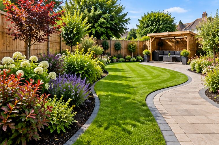 Curving path through planted borders and lawn