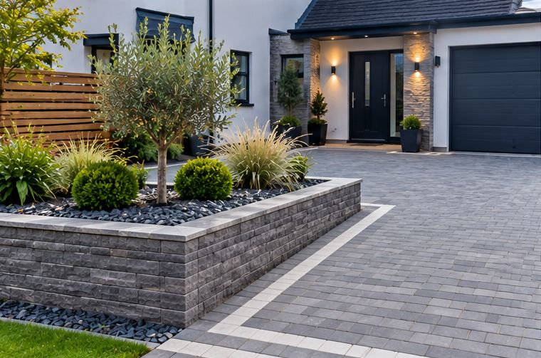 Block-paved driveway with a raised planter