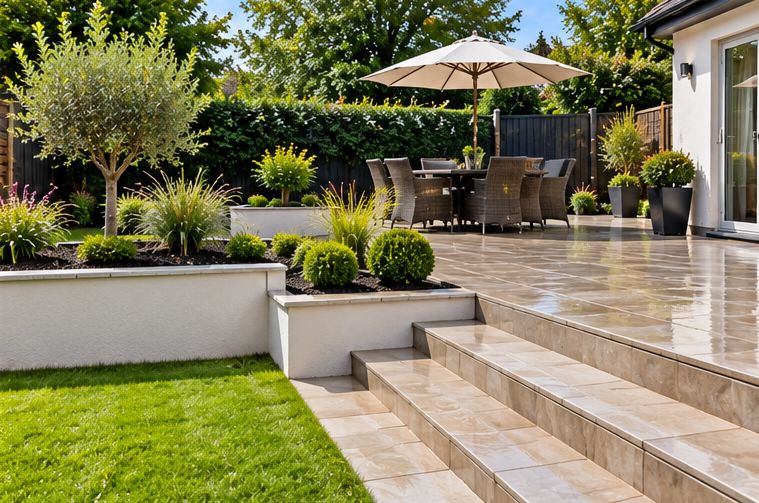 Garden terrace with steps down to the lawn