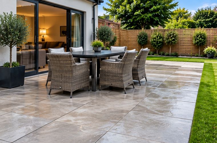 Porcelain patio with outdoor dining furniture
