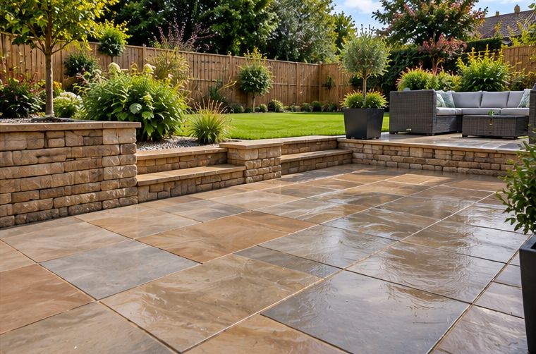 Sandstone patio with a raised planter behind