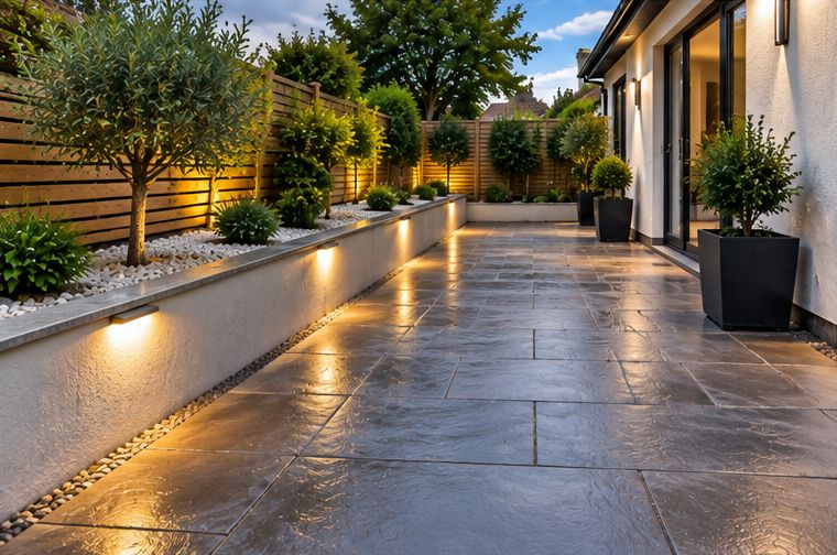 Grey paving path lit by low wall lights