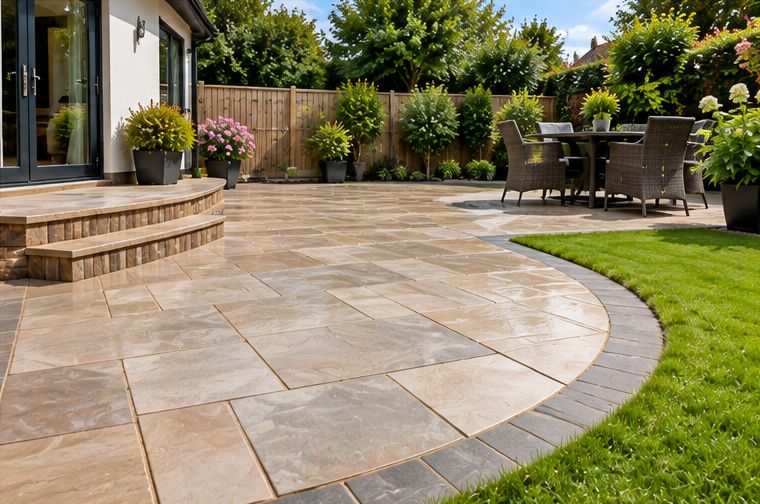 Curved sandstone patio edged with lawn