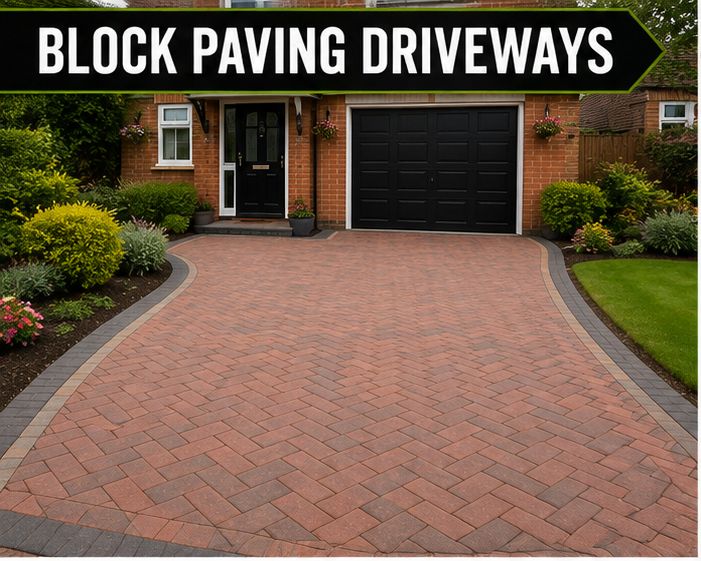 Red block paving driveway laid in herringbone