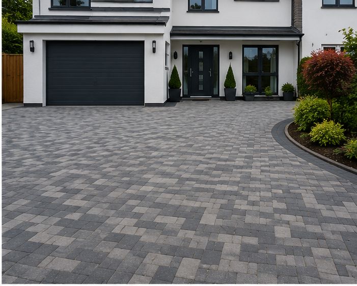 Charcoal block paving driveway with contrast border