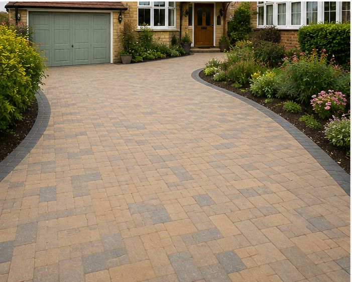 Buff block paving driveway curving to a garage