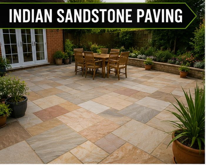 Indian sandstone patio with outdoor dining table