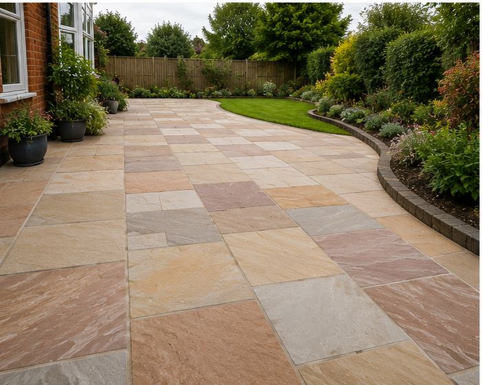 Mixed-tone Indian sandstone slabs laid in a random pattern