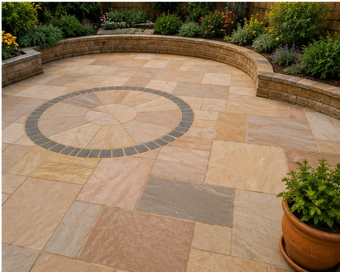 Curved Indian sandstone patio with a circle feature