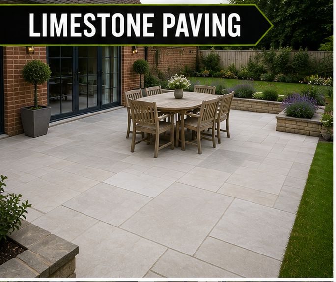 Limestone patio with an outdoor dining set