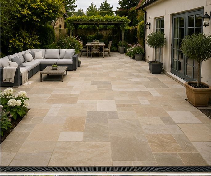 Buff limestone paving with garden furniture