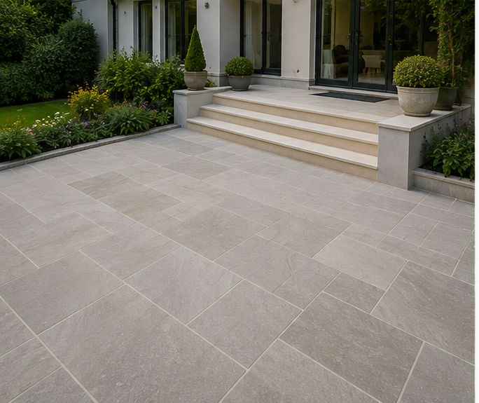 Grey limestone patio with wide steps