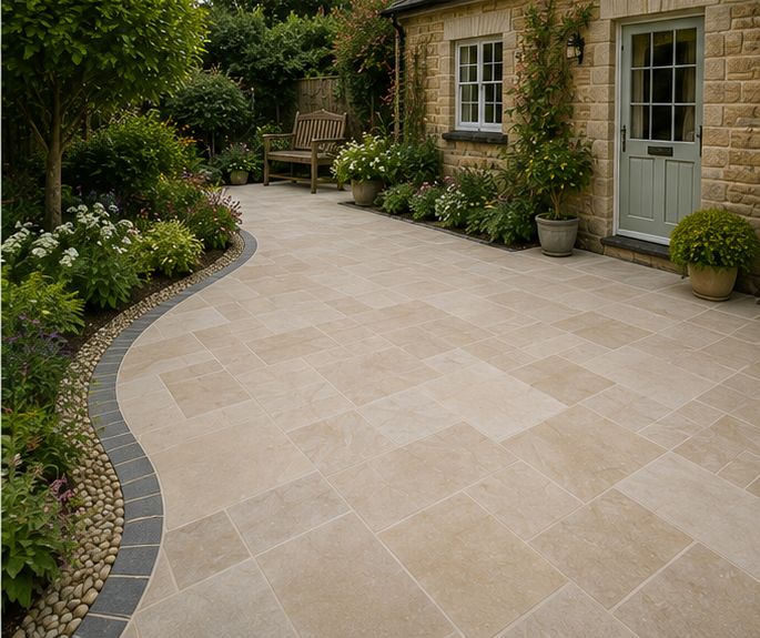 Limestone path curving past planted borders