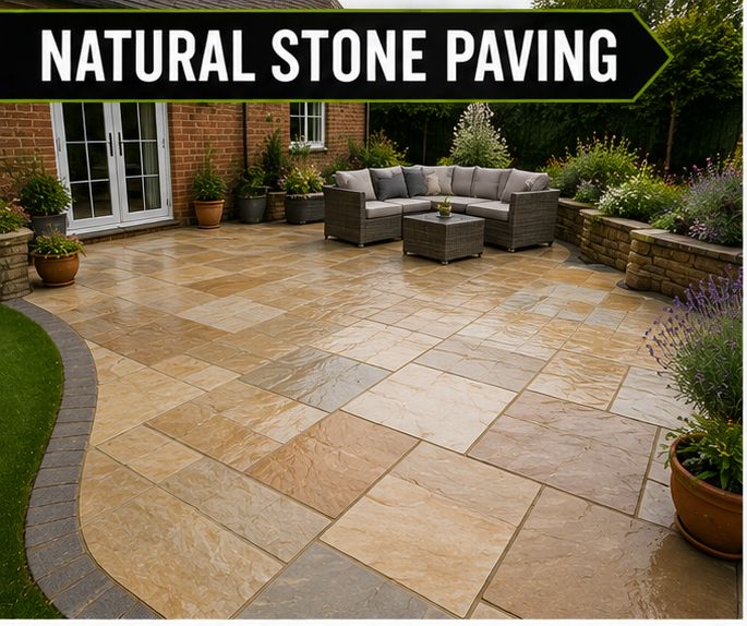 Natural stone patio with garden seating