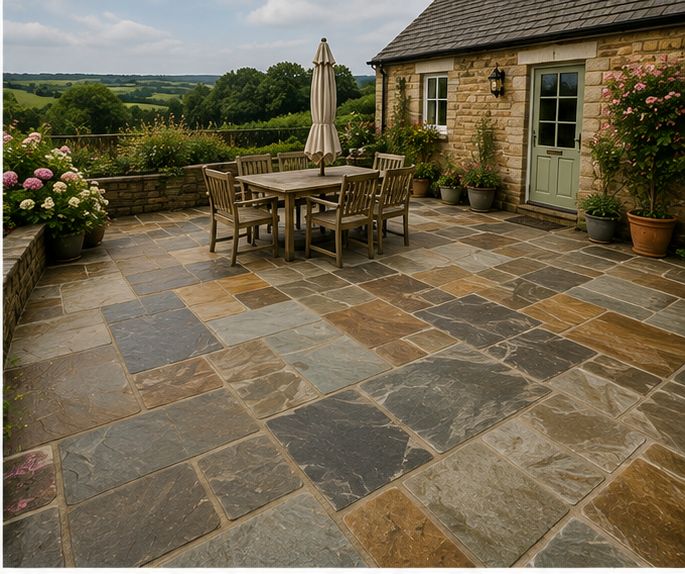 Riven natural stone paving in mixed colours