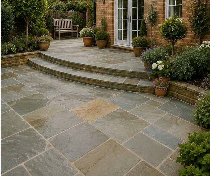 Natural stone steps and patio beside borders