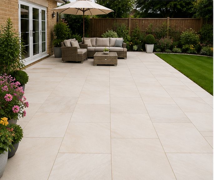 Pale porcelain paving leading to a lawn
