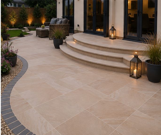 Warm-toned porcelain patio with curved steps