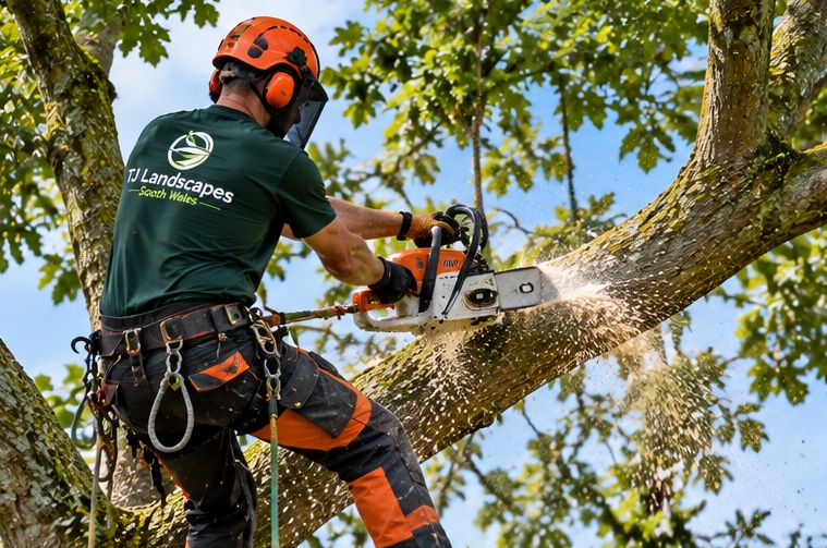 Tree surgeon cutting a limb in a harness