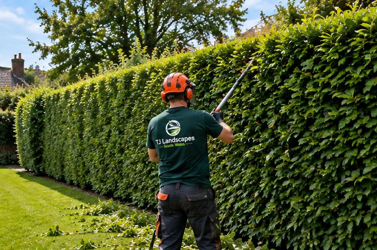 Tall hedge being trimmed