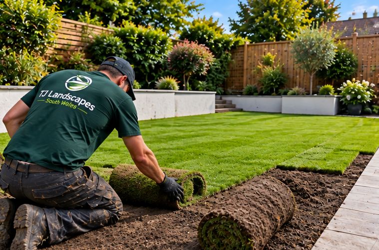 T J Landscapes fitter laying turf rolls