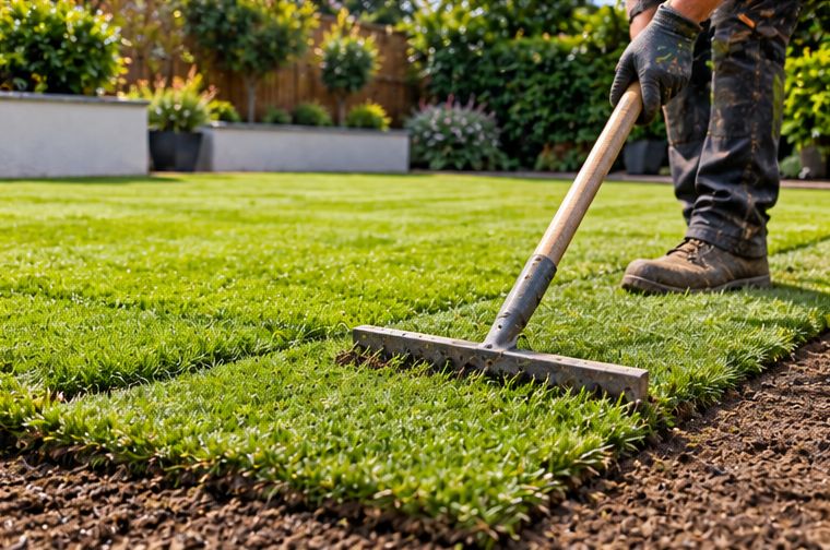 Raking the soil level before turfing